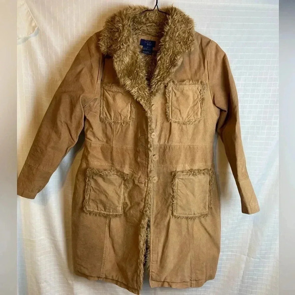 Women's Large Leather tan Fuzzy RAG Jacket Coat Camel Brown Boho